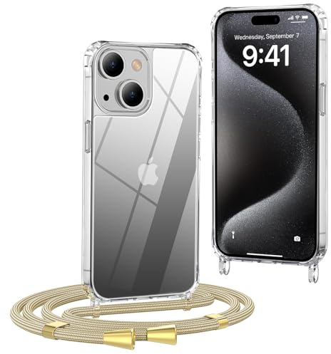 OLEPHY Handykette für iPhone 14 Hülle mit Band, Yellow | Handyhülle mit Verstellbarem und Demontage Umhängeband, Transparent Stoßfeste Hülle zum Umhängen Kordel, (6,1 Zoll)