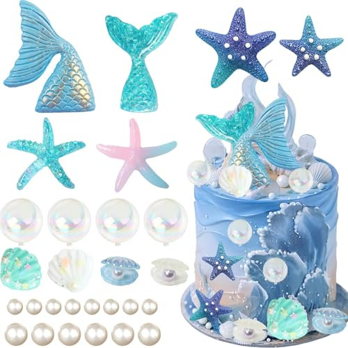 28pcs Sea Ocean Theme Birthday Cake Decoration Toppers Fishtail Starfish Shell Bubble Pearl Cupcake Decor for Under the Sea Theme Birthday Party Supplies