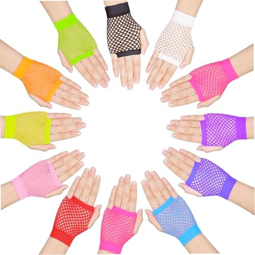 Visxcnu 12 Paar Fischnetz-Handschuhe, fingerlose Neon-Handschuhe, für 80er-Jahre-Party-Kostümzubehör 12Farben, Einheitsgröße