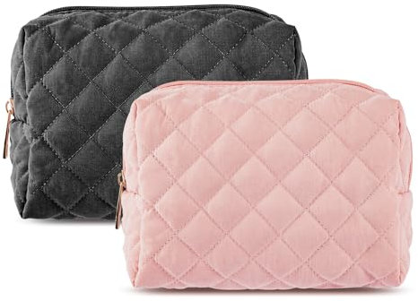 MAGEFY Kosmetiktasche 2 Pcs Kleine Make up Tasche Cord Schminktasche mit Fächern Reise Reise Make up Tasche für Frauen, Schwarz + Rosa