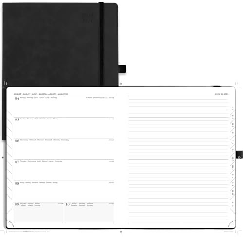 POPRUN Kalender 2025 2026 Buchkalender Notizbuch (Aug.2025-Dez.2026), ca. A4 (26,5 x 21,5 cm), Terminplaner, Wochenplaner Softcover mit PU-Leder, Zertifiziertem Papier - Schwarz
