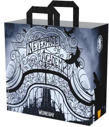 Konix Wednesday Einkaufstasche - Größe M 40 x 45 x 20 cm - Recyceltes Material - Nevermore Academy-Motiv - Schwarz und Weiß