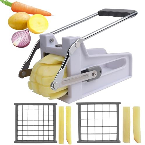 Coupe-frites avec 2 lames en acier inoxydable | Coupe-pommes de terre pour couper les pommes de terre, carottes, concombres & oignons (Gris+blanc)