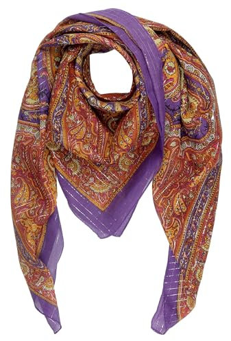 Freak Scene Baumwolltuch indische Blumen Blätter Muster06 lila orange Lurex silber quadratisches Tuch