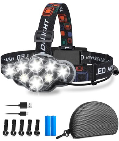 Nalezuns Stirnlampe, Stirnlampe LED Wiederaufladbar, Superheller Kopflampe 18000 Lumen 8 Lichtmodi & Rotlicht, 90° Einstellbar Stirnleuchte für Camping, Angeln, Reparatur, Notfälle