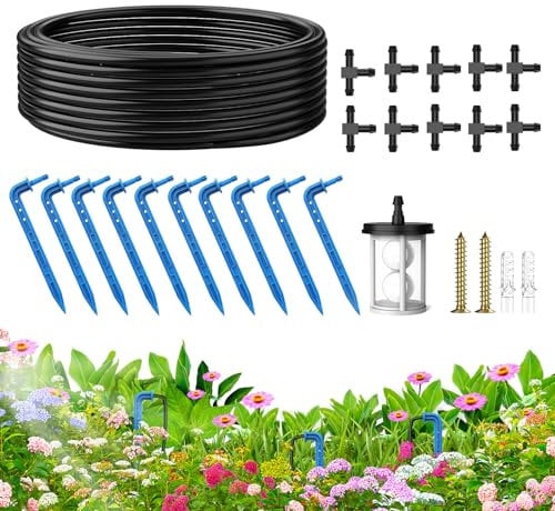 TRJZWA Sistema de Riego Jardín,Kit Riego por Goteo,10M Tubería de Agua y Gotero *10,Cabeza en T * 10 para Jardin Invernadero Césped Patio Terraza