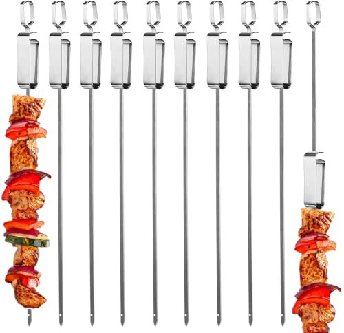 10 Stück Grillspieße, Grillspieße Edelstahl Set mit Schieberegler, Edelstahl Lange Spieße Schaschlikspieße Fleischspieße, für Lagerfeuer Oder Grillschale