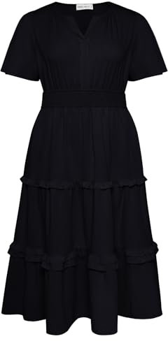 Hanna Nikole Damen Große Größe Kurzarm A-Linie Kleid Elastischer Taille Midikleid V Ausschnitt Freizeitkleider mit Taschen Schwarz 46