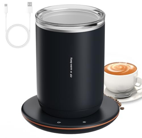 KOSINGNA 2 In 1 Self Stirring Coffee Mug 55℃/131℉Constant Temperature Cup Warmer 10W ic Self Stirring Cup with 300ml/10.5oz Insulated Stainless Steel Cup Touch on Base and Dustproof Cover