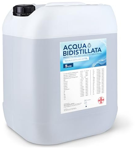 AIESI® Acqua Bidistillata pura per uso clinico ed industriale tanica da 5 litri, Distillata due volte, Demineralizzata, Made in Italy