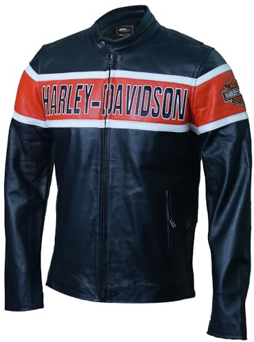 Vintagearc Men's Black & Orange Cowhide Leather Biker Jacket – H-D Inspired Motorcycle Style with Embroidered Logo and Snap Collar
