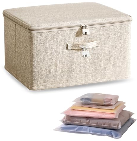 Abschließbare Aufbewahrungsbox, Faltbare Stoffbox, Aufbewahrungskiste mit 4 Aufbewahrungstasche, Aufbewahrungsboxen mit Deckel und Griff, Faltboxen für Kleidung, Toys, Bücher, 40 x 30 x 21 cm, Beige