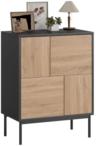 HOMCOM Sideboard mit Push-to-Open-Türen 60 x 35 x 75 cm Schwarz+Naturholz | Kommode, Aufbewahrungsschrank mit Metallbeine, Moderner Küchenschrank, Buffetschrank, für Küche, Esszimmer, Wohnzimmer