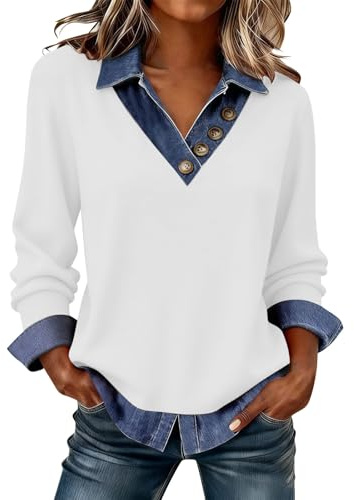 SYDUZAX Blouse avec Boutonné Femme Chemises Denim Patchwork Printemps Eté Hauts à Revers Manches Longues pour Femmes T-Shirt Grande Taille Tops Ample Mode Haut Polyvalent Couleur Unie