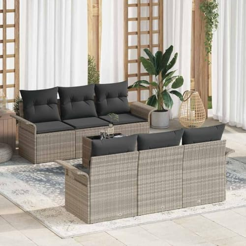 LoogCape Modulares Gartensofa-Set, 7-teilig, Hellgrau und Dunkelgrau, aus wetterfestem Poly-Rattan mit Glastisch, für Terrasse und Balkon