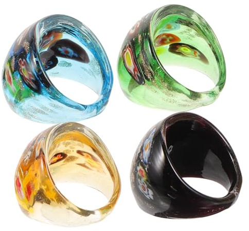 Accessoires pour filles, 4 pièces, bague en verre, grosses bagues empilables, mignonnes, tendance, Cool, cadeau d'anniversaire