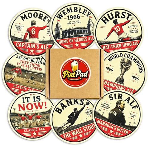 England World Cup 1966 Inspired Beer Mats – Pack of 8 Vintage Pub Style Coasters – Football Fan Gift for Home Bar, Man Cave & Games Room – 95mm Drinks Coaster Set