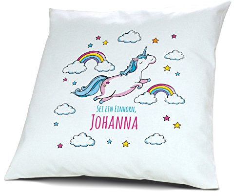 printplanet Kopfkissen mit Namen Johanna - Motiv Sei EIN Einhorn, 40 cm, 100% Baumwolle, Kuschelkissen, Liebeskissen, Namenskissen, Geschenkidee