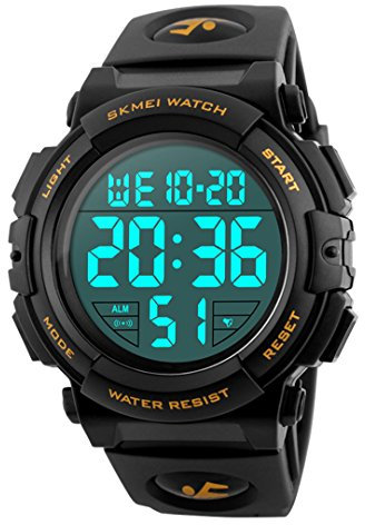 Gosasa Men 's Large Face Digital Outdoor Sports Waterproof Watch LED Luminous Alarm Stopwatch Simple Army, Gold, Medium