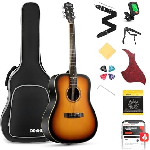 Donner Guitarra Acústica 4/4 de Adulto Guitarra Acústica Kit 41 Pulgadas Dreadnought de Principiante con Cuerde Afinador Cejilla Sunburst