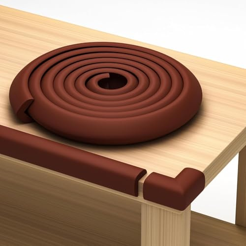 Furniture Edge 16.2ft & Corner Guards | Protective Foam Cushion | 15ft Bumper 4 Adhesive Childsafe Corners | Baby Child Proofing Foam Set for Table, Fireplace, Countertop | Brown
