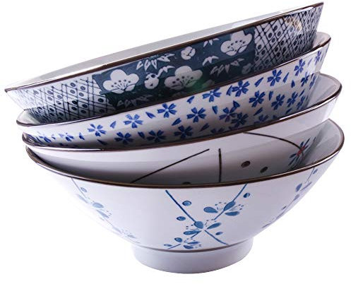 Cerficer Lot de 4 grands bols à soupe japonais pour ramen, 19 cm, blanc et bleu