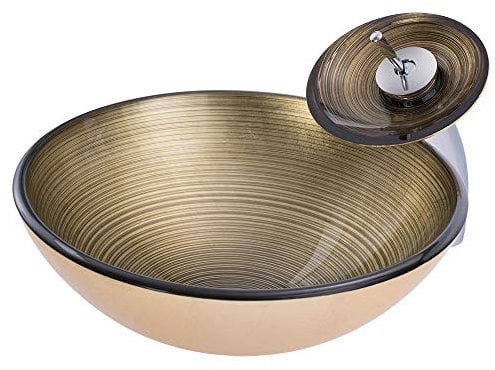 chicstyleme Rundes Waschbecken mit Armatur D420 mm Glas Modern Tischwaschbecken Goldene Waschbecken Badezimmer Waschschale mit Wasserfall Wasserhahn