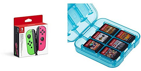 Joy-Con 2er-Set Neon-Grün/Neon-Pink & Amazon Basics - Aufbewahrungsbox für Spiele der Nintendo Switch - Blau
