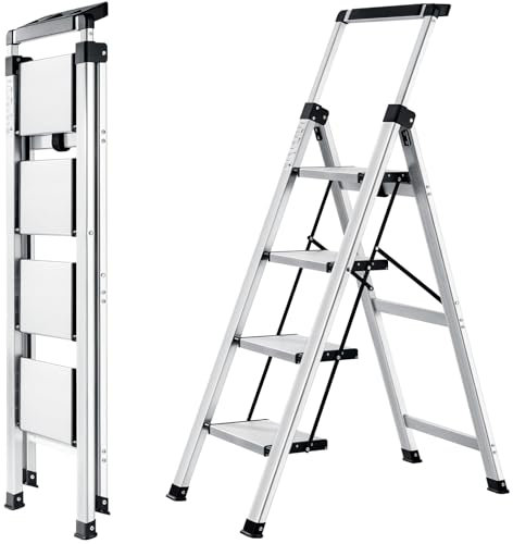 XinSunho Stufenleiter, Trittleiter 4 Stufen klappbar, Leiter Aluminium mit Ablageschale und Handlauf, Tragbare Stehleiter für Haus und Büro, Klappleiter Belastbar bis 150 kg