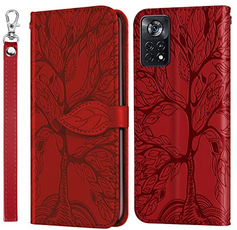 Rostsant Coque Xiaomi Poco X4 Pro 5G Arbre en Relief Housse en Cuir PU Portefeuille Étui à Rabat pour Xiaomi Poco X4 Pro 5G - Rouge