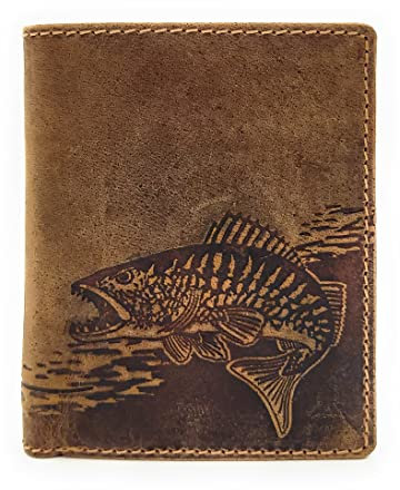 Lemasi echt Leder Geldbörse Anglerbörse Portemonnaie mit RFID NFC Schutz Fisch Zander (braun)