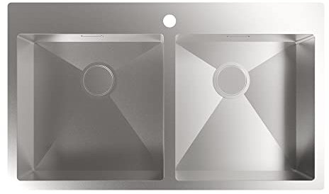 Cata | Fregadero de Cocina Sobre encimera | Doble Cubeta Cuadrada| Modelo CBS-2 40-40 R10 |Instalación en Mueble de 90 cm | Profundidad de 20 cm | Acero Inoxidable