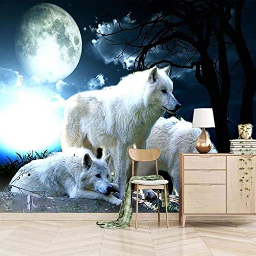 Papier Peint Panoramique Loup Blanc Du Ciel Nocturne Papier Peint Intissé 3D Tapisserie Murales Décoration Murale