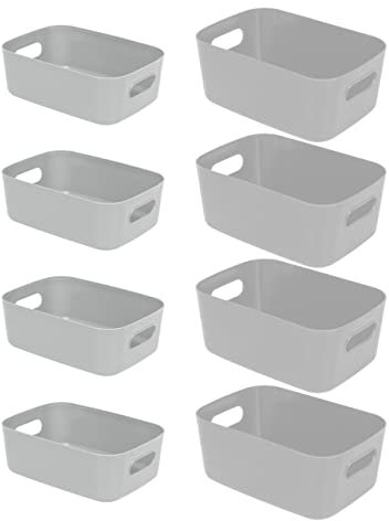 OSTWOLKE 8 Stück Aufbewahrungskorb Kunststoff, Kleine Aufbewahrungsbox Plastik, Kleine Boxen Aufbewahrung, Haushalt Aufbewahrungsboxen Storage Boxes Organizer mit Griff für Regale, Schubladen Grau