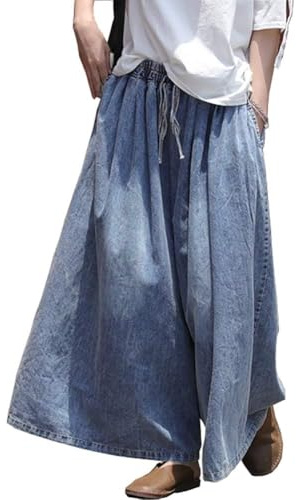 EXPOING Extra Wide Leg Denim Pants for Women Long Jeans Elastic Waist with Pockets Plus Size Loose Casual (Regular, Blue L)