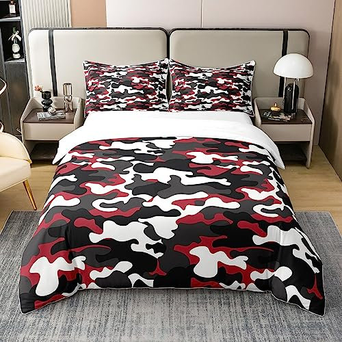 100% Bio Baumwolle Jungen Camo Bettbezug 155x220,Schwarz Rot Weiß Armee Camouflage Bettwäsche Set für Jugend,Abstrakte Kunst Camouflage Design Tröster Abdeckung,Militärstil Bett Set mit1 Kissenbezug