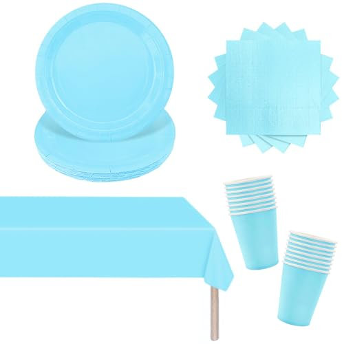 Vajilla de Papel Azul Claro para Fiestas y Navidad - Juego Con Mantel Rectangular, Platos, Servilletas y Vasos para Cumpleaños