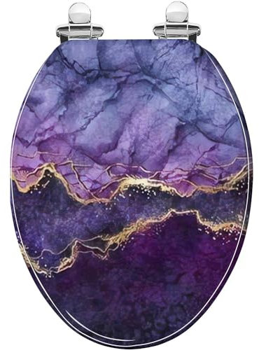 Elongated Toilet Seat abstract marbling violet blue purple marble with golden veins fake Resin Toilet Seat with Quietly Close Quick Release Hinges Decorative Toilet Seat with Cover Easy to Install