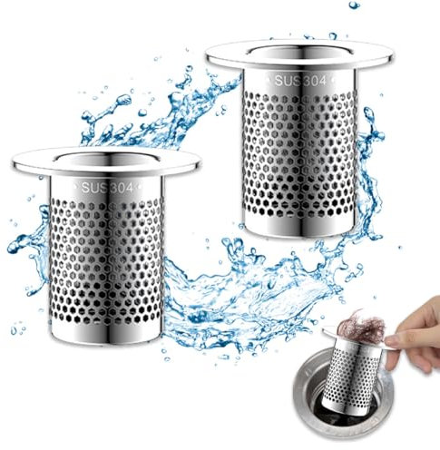 Plstod 2 Pezzi Filtro Doccia Capelli, 5.5 cm Filtri Lavandino Bagno, Argento Filtro Lavandino Cucina Acciaio Inossidabile, Diametro del Foro Applicabile 33mm-55mm, per Cucina, Bagno