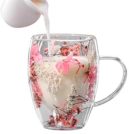 MISOYER Taza de de Doble Pared con Flores secas | Linda Taza de té de Flores Creativa, Doble Capa, fría y Caliente, Doble Uso, Flores seguras y Decorativas, Taza con Doble Aislamiento para Chocolate