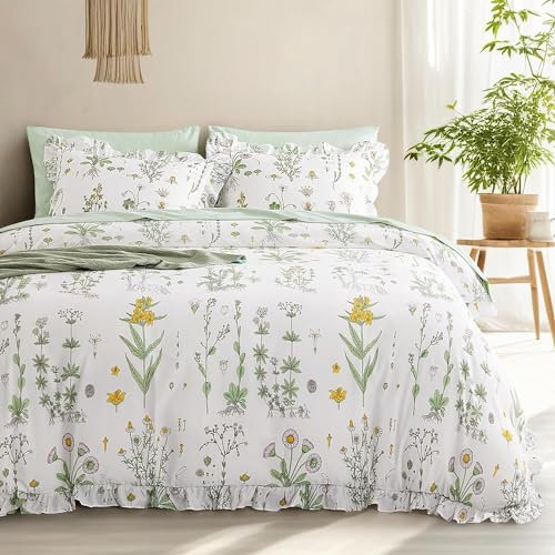Lanqinglv Rüschen Bettwäsche 200x220 cm Grün Weiß Blätter Blumen Muster Pflanzen Bunt Mikrofaser Bettbezug mit Reißverschluss und 2 Kissenbezug 80x80 cm