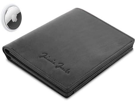 Jaimie Jacobs SLIMSTAR AirTag-Edition mit großem Münzfach dünne Geldbörse Leder Slim Wallet Hochformat Geldbeutel (Büffelleder Schwarz)