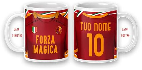 Tazza Mug colazione personalizzabile con nome numero idea Regalo x tifoso disegno maglia squadra del cuore Gadget compatibile (Forza Magica Cuore giallorosso Love Rome tifoso romanista)