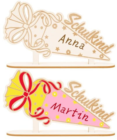 TGFIX 2Pcs Holz Schultüte zum Bemalen Schulkind Namenschild Ausmalen Einschulung Zuckertüte Aufsteller Schulanfang Holzschriftzug Deko Einschulung Schuleinführung Geschenke für Junge Mädchen