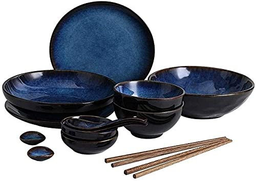 CRBUDY Geschirr-Set, Schüssel-Sets, Retro-blaues Keramik-Geschirr-Set, große Suppenschüssel/Reisschüssel/Teller/Löffel/Essstäbchen, 2-Personen-Geschirr-Set