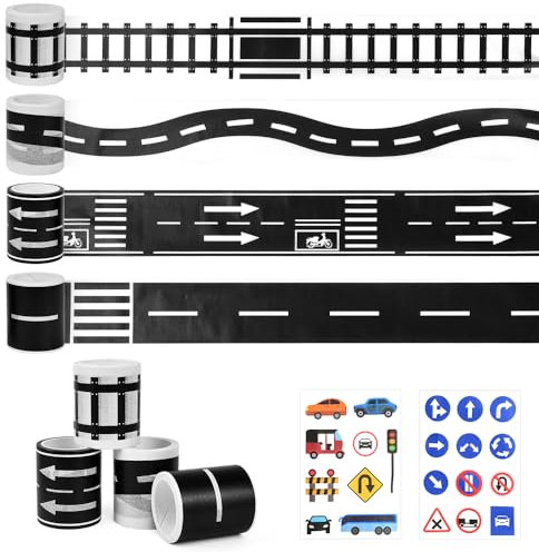 ADERTOS 4 Rollen Road Tape Autobahn Selbstklebend Straßenband Tape 5cmx5m Washi Tape Kinder Straße Straßenband Kleber Eisenbahnen Klebeband mit Verkehrszeichen Aufkleber für Kunst, DIY Handwerk