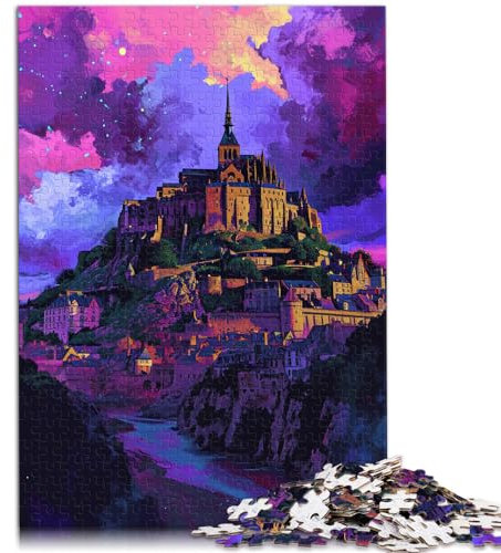 1000-teiliges Puzzle für Erwachsene, Die farbenfrohe Psychedelia von Mont Saint Michel, geeignet für Erwachsene, Holzpuzzle, tolles Geschenk für Erwachsene, Größe: 50 x 75 cm
