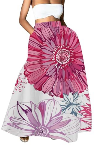 hahuha Gonna lunga da donna con stampa floreale, a vita alta, per feste in spiaggia, con tasche, gonna a quadri, Rosa acceso, M