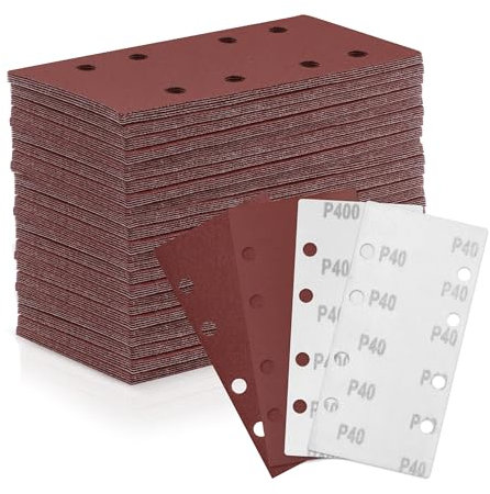ZEHIQ 100 Stk Schleifblatt Set, 93mm x 185mm Schleifpapier Körnung 40/80/120/240/400, 8 Löcher Sandpapier mit Klett verschiedene Zubehör Materialien für Schwingschleifer
