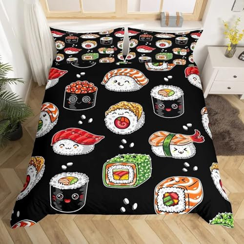 Rcxnm Sushi Bettwäsche für Kinder, Bettbezug und Kissenbezug 2-teiliges Set mit Sushi Motiv, 135x200 cm, 80x80 cm